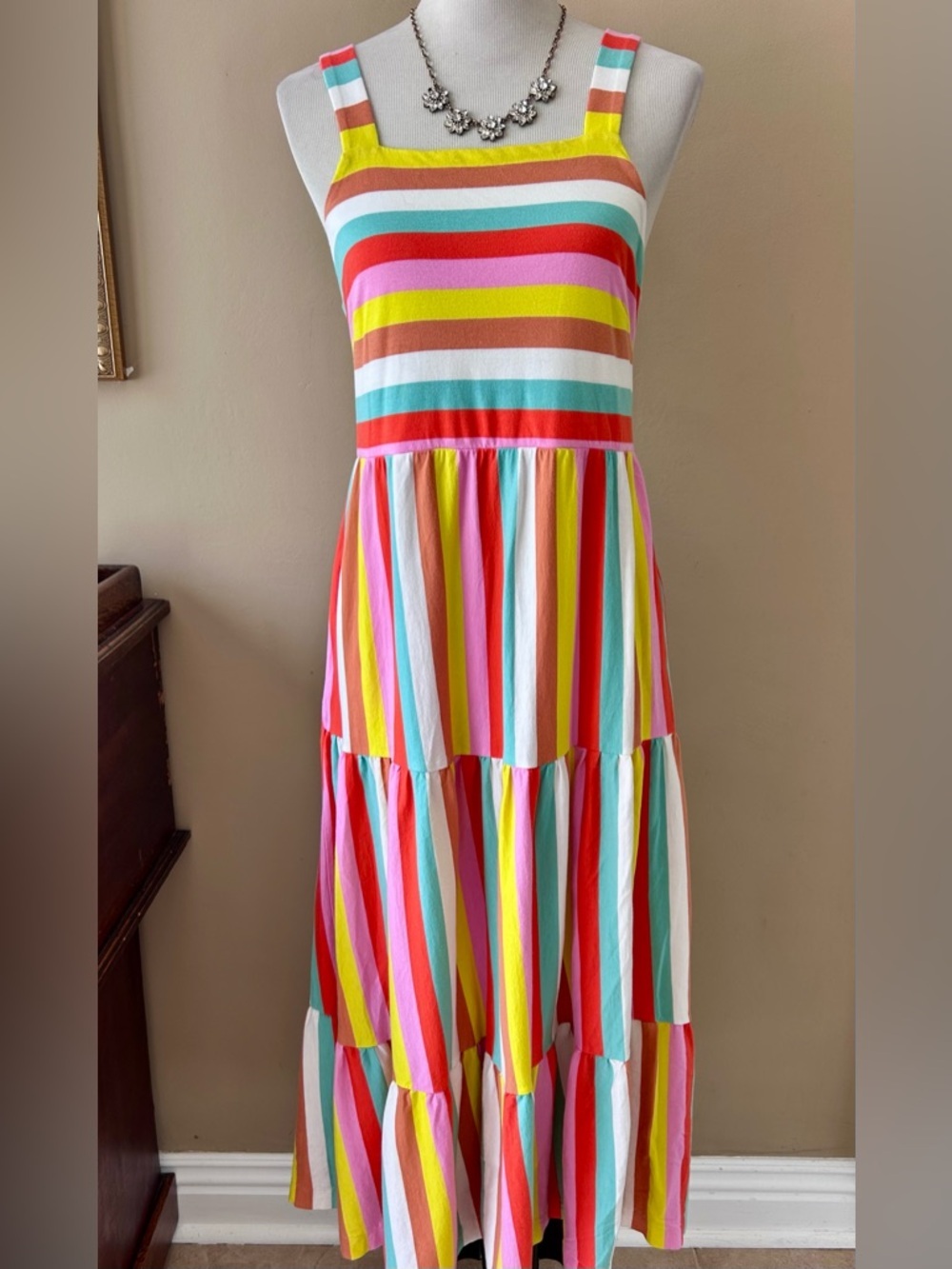 J Crew Tiered Maxi Dress in Rainbow Stripe Square Neck Knit Jersey Size Small S - Picture 2 of 16
